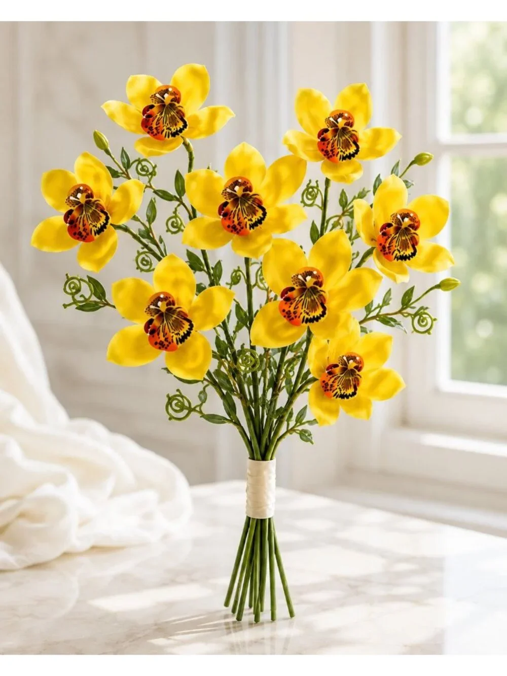 Artificial Yellow Orchid Stems Set of 9 Single Bloom 13 Inch Faux Silk Wedding F